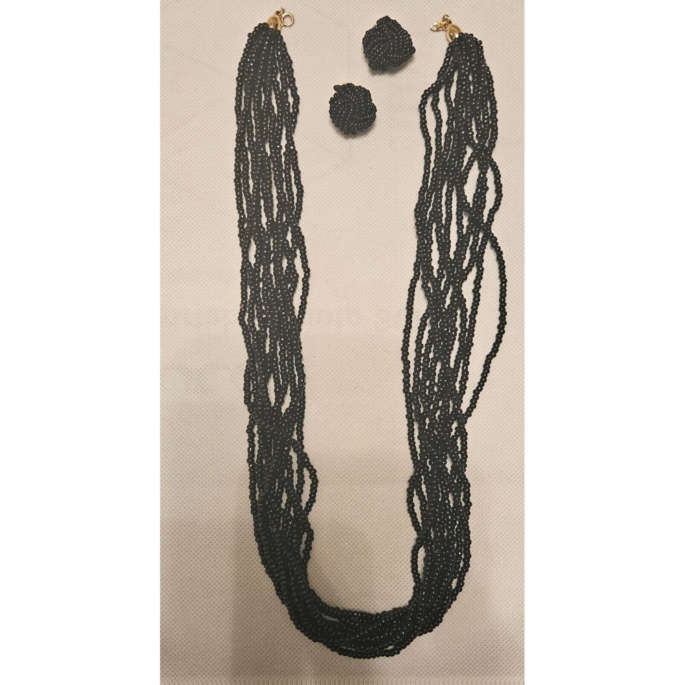VINTAGE TRIFARI Beaded Necklace and Earrings Set - Black Seed Beads Jewelry Set - Picture 2 of 15